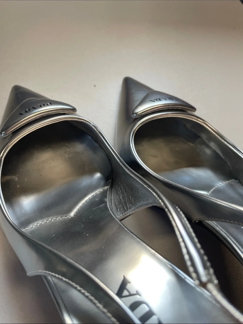 PRADA Women's Metallic Leather Slingback Pumps Size US 9.5 In Argento - Picture 4 of 10